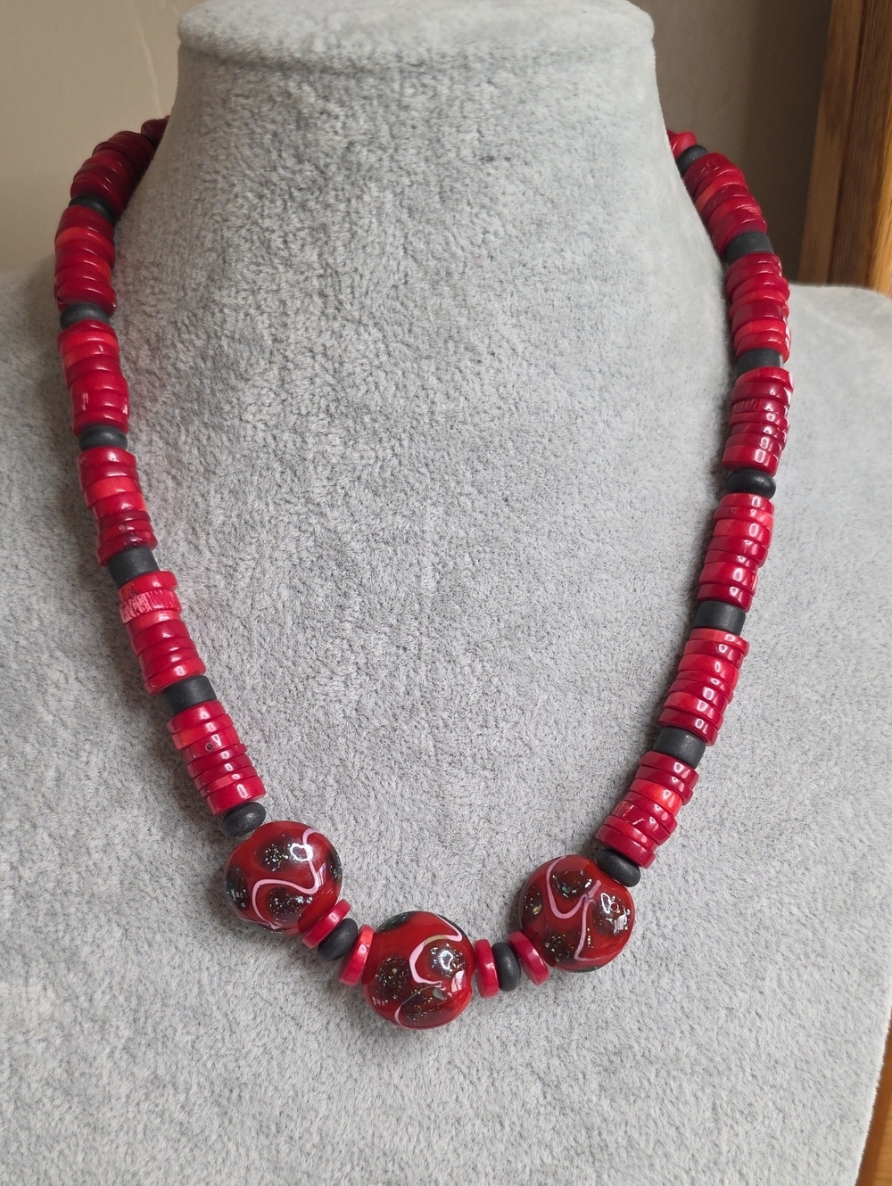 Vintage Red Glass Discs, Matte Black Spacers & Swirl Art Glass Beads Necklace